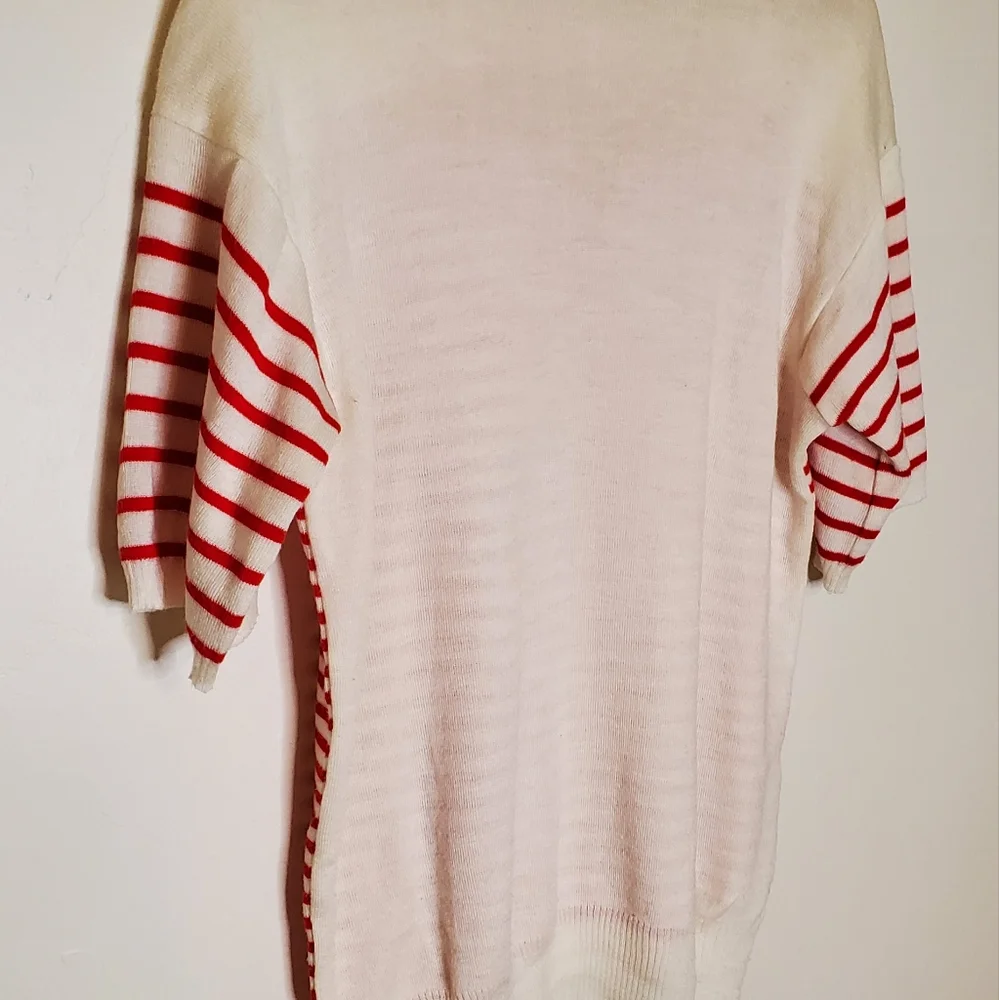 (Red &) White Stripes Red and White Striped Short Sleeve Knit Sweater Shirt - Picture 6 of 14